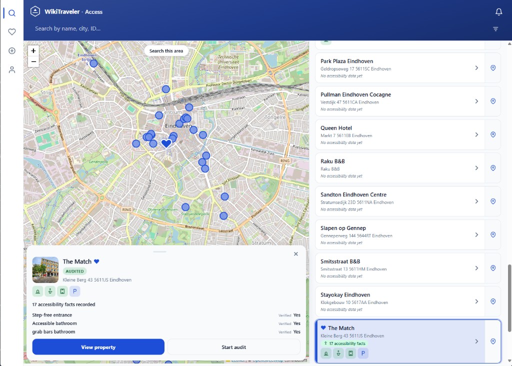 WikiTraveler Access on desktop: map, property list, and detail card