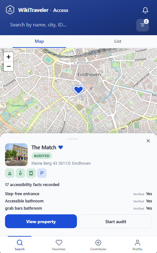 WikiTraveler Access on mobile: map of Eindhoven with an audited property sheet for The Match